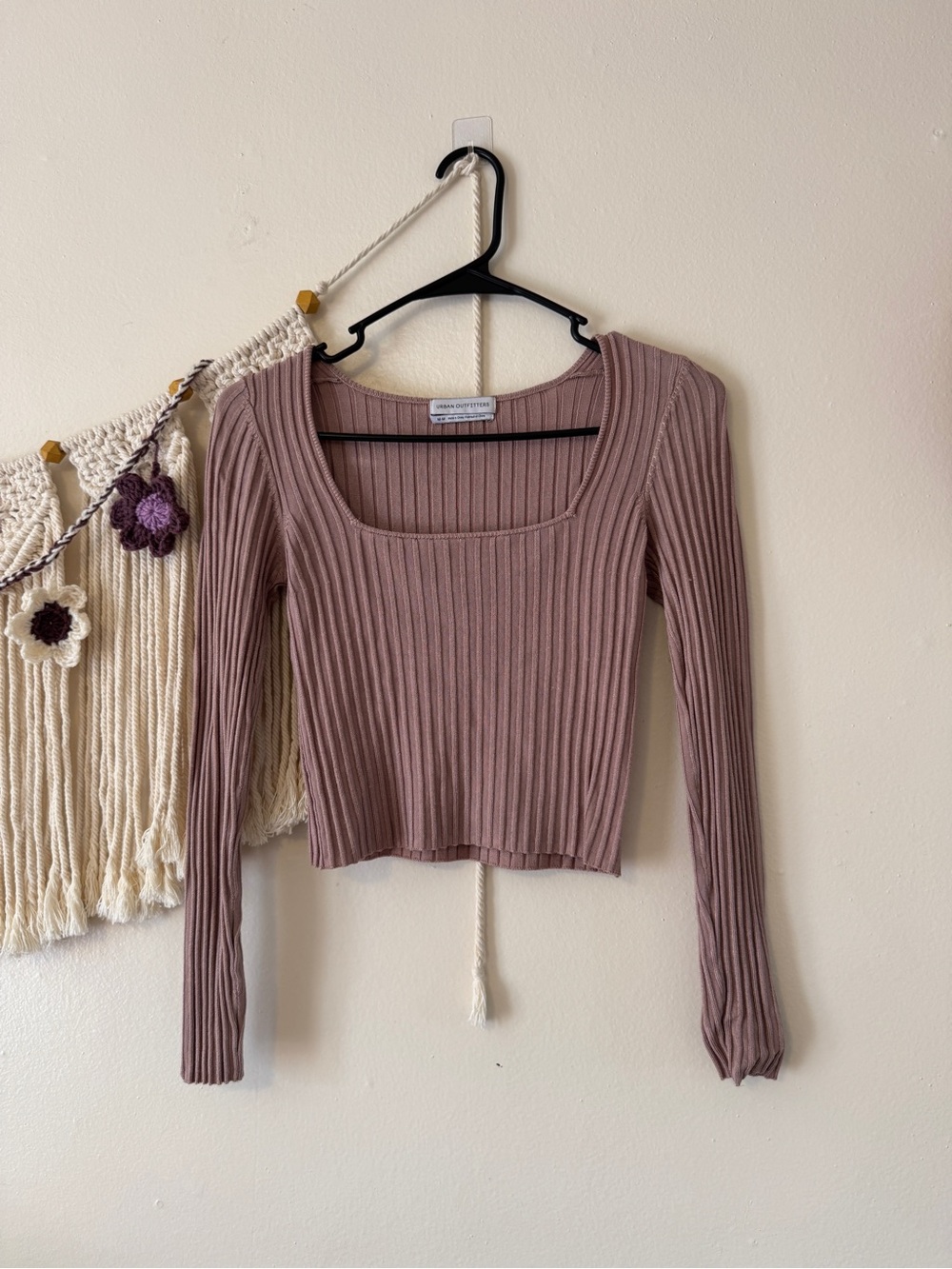 Urban Outfitters Mauve Ribbed Square Neck Long Sleeve Top
